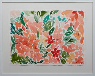 Juliet Meeks (New Orleans), "Peach Garden," 2018, watercolor on paper, initialed lower right, with Ogden Museum of Southern Art Magnolia Ball label en