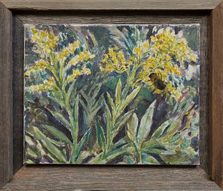 Mia Kaplan (Louisiana), "Abstract Flowers with Bee," 20th c., oil on canvas, signed in pen on right of canvas, with artist card attached en verso, pre