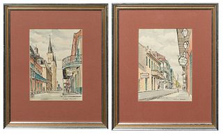Hubert Hanush (20th c., New Orleans/Missouri), "St. Peter Street with Pat O'Brien's" and "Street Scene with St. Louis Cathedral," 20th c., watercolors