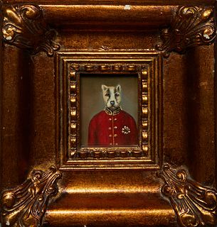 Chinese School, "Dog General," 20th c., oil on board, unsigned, presented in a gilt frame, H.- 2 3/4 in., W.- 2 1/8 in., Framed H.- 8 3/4 in., W.- 8 i