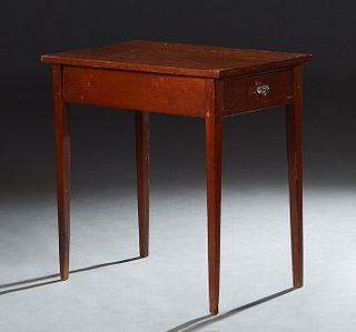 American Federal Carved Pine Side Table, 19th c., the rectangular top over an end frieze drawer, on tapered square legs, H.- 28 1/2 in., W.- 28 3/8 in