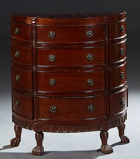 Carved Mahogany Bowfront Nightstand, 20th c., the demilune parquetry inlaid top over a central bank of four bowfront drawers, flanked by four convex d