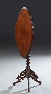 Unusual Carved Oak Tilt Top Table, 19th c., the stepped shaped oval top on a rope twist support to pierced tripod legs, Closed- H.- 30 in., W.-26 3/4 