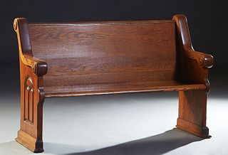 American Carved Oak Church Pew, late 19th c., the back and seat joined by rounded mounted supports over applied curved sides, H.- 37 1/4 in., W.- 59 i