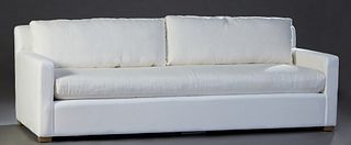 Restoration Hardware Contemporary White Muslin Sofa, 20th c., with two long back cushions and a removable cushion seat, with a slip cover, H.- 31 in.,