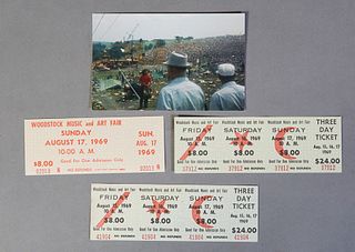 Four Pieces of Original Woodstock Memorabilia, 1969, consisting of a [postcard, two three-day tickets, August 15-17, 1969, unused, and a single day ti