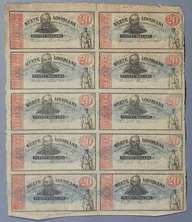 Uncut Sheet of Eight Confederate State of Louisiana $20 Bills, Shreveport, March 10, 1863, printed on both sides, shrink wrapped, H.- 15 1/2 in., W.- 