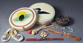 Group of Nine Native American Items, consisting of a woven pine straw covered basket; a pair of beaded deer skin moccasins; a shell and bead necklace,