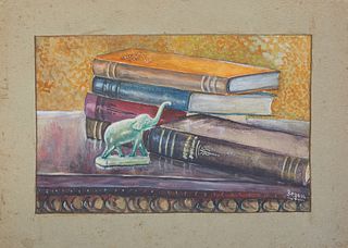 Marion Joseph Beauregard-Bezou (1914-1992, Louisiana), "Still Life of Books and Elephant," early 20th c., watercolor on paper, signed lower right, unf