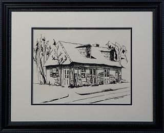 Marilyn Everett (American), "Lafitte's Blacksmith Shop," 20th c., woodblock print, signed in print lower right, presented with a mat and black frame, 