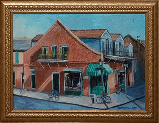 Linda Lesperance (New York/New Orleans), "Corner Store," c. 2000, oil on canvas, signed and dated lower right, presented in a gilt frame, H.- 17 1/2 i