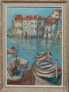 H. Montas (French), "Boats at the Harbor," 20th c., oil on board, signed lower left, inscribed by artist in French en verso, presented in a polychrome