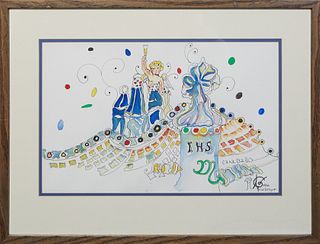 Grace Newburger (Evelyn Grace Jahncke Newburger) (1935-2015, New Orleans), "Gaudi Rooftops, Casa Batilo," 20th c., watercolor and ink, signed lower ri