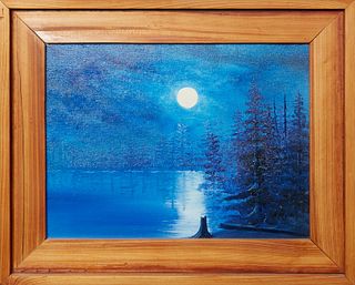 T. S. Driskell (Louisiana), "Moonlight Scene," oil on canvas board, signed en verso along with artist stamp, biography, and fingerprint, presented in 