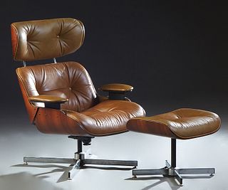 Plycraft George Mulhauser Eames Style Bent Rosewood Armchair and Ottoman, mid 20th c., with stainless steel bases with button-tufted brown vinyl uphol