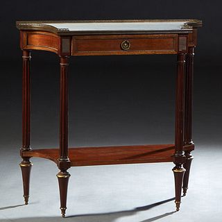 French Ormolu Mounted Carved Mahogany Marble Top Console Table, 20th c., the pierced serpentine brass galleried top with a figured white marble over a