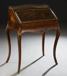 French Ormolu Mounted Carved Mahogany Vernis Martin Bombe Slant Front Desk, early 20th c., the serpentine musical instrument decorated top with a 3/4 