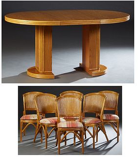 French Carved Beech Seven Piece Bentwood Beech Faux Bamboo Dining Suite, 20th c., consisting of six curved spindled back dining chairs with bowed seat