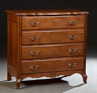 French Provincial Louis XV Style Carved Walnut Commode, late 19th c., the stepped serpentine bowfront top over four setback deep drawers, on short poi