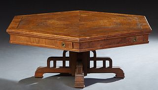 Inlaid Burled Walnut Victorian Hexagonal Coffee Table, 19th c. and later, the banded top over a wide skirt, with one small frieze drawer on each side,