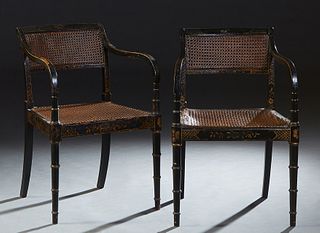 Pair of English Ebonized Beech Armchairs, late 19th c., the canted landscape painted caned back to rounded arms, flanking a trapezoidal caned seat, ov
