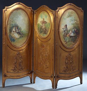 French Gilt and Gesso Beech Three-Panel Folding Screen, 19th c., arched tops over oval painted panels of lovers in a garden, a figural fountain, and a