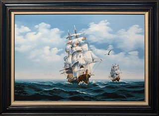Amos Carter, "Ships at Sea," 20th c., oil on canvas, signed lower left, presented in a wood frame, H.- 23 3/4 in., W.- 35 5/8 in., Framed H.- 31 5/8 i