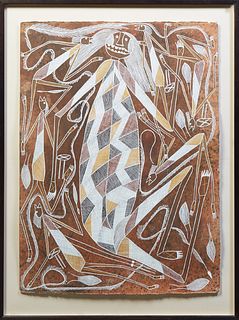Wesley Nganjmirra (Australia), "Spirit Figure," 20th c., mixed media on paper, Australian aboriginal art, unsigned, presented in ebonized wood frames,