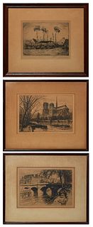 Three Etchings, Consisting of two After Camille Pissarro (1830-1903, French), "Le Pont Neuf," and "Notre Dame de Paris L'Abside," each signed in penci