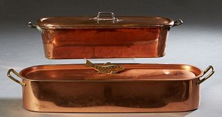 Two French Copper Covered Fish Poaching Pans, early 20th c., one with iron handles; the other with brass handles, the lid with a brass fish form handl