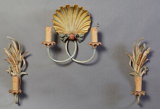Three Piece French Carved Polychromed Beech Sconce Set, 20th c., consisting of a shell form two light sconce and a pair of single light cattail and le