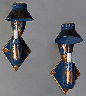 Pair of Painted Tole Single Light Sconces, 20th c., the diamond shaped back plate issuing an urn in blue paint with hand painted gilt decoration, H.- 