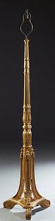 French Gilt Beech Floor Lamp, early 20th c., the tapered cylindrical reeded support, to a stepped tripodal base on scrolled legs, H.- 60 1/2 in., Dia.