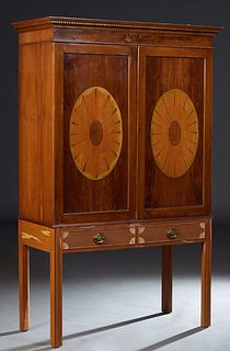 Inlaid Burled Walnut Linen Press Top, early 20th c., the stepped dentillated crown over two large doors, on a later stand with two frieze drawers, on 