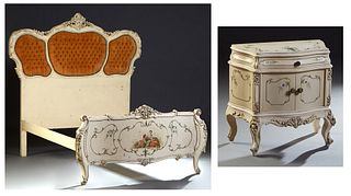 French Venetian Style Polychromed Beech Two Piece Bedroom Set, 20th c., consisting of a highback double bed, the headboard with three applied tufted u