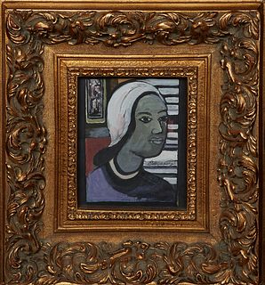 Emerson Bell (1932-2006, Louisiana), "Portrait of a Woman," 20th c., oil on paper, signed lower left, presented in a gilt frame, H.- 9 1/4 in., W.- 7 