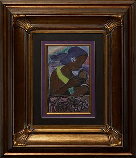 Emerson Bell (1932-2006, Louisiana), "Portrait of a Woman and Child in Purple," 20th c., acrylic on paper, unsigned, presented in a gilt frame, H.- 11