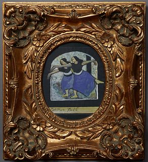 Emerson Bell (1932-2006, Louisiana), "Two Ballet Dancers," 20th c., mixed media on paper, signed on bottom, presented in a gilt frame, H.- 8 in., W.- 