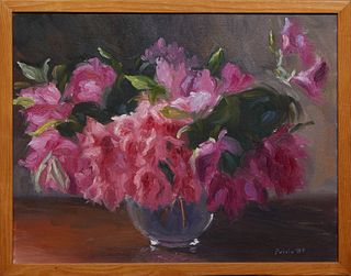 Dennis Perrin (1950-, Kansas/Louisiana), "Azalea Bouquet," c. 1987, oil on canvas, signed and dated lower right, presented in a wood frame, H.- 13 1/2