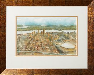 Sean Friloux (20th c., New Orleans), "NOLA Skyline," 20th c., watercolor on paper, signed lower left, with WYES charity auction label attached en vers