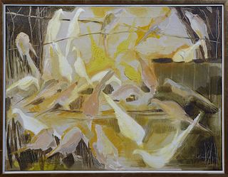 Kitty O'Meallie (1915-2014, Newcomb College), "Ring Necked Doves," 20th c., oil on canvas, signed lower right, signed and titled en verso, presented i
