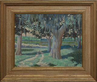 E.J. Forrest (20th c., Louisiana), "Moss Draped Oaks," 1955, oil on canvas board, signed and dated lower right, H.- 15 1/8 in., W.- 19 1/8 in., Framed