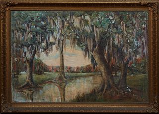 Southern School, "Spanish Moss on Oak Trees," 20th c., oil on canvas laid to board, unsigned, presented in a gilt frame, H.- 21 1/2 in., W.- 31 1/4 in