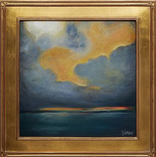 S. Martzolf, "Seascape View," 20th c., oil on canvas, signed in silver paint pen lower right, presented in a gilt frame, H.- 17 3/8 in., W.- 17 1/4 in