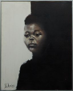 American School, "Portrait of a Black Woman," 20th/21st c., oil on canvas, signed indistinctly lower left, presented in a black and silver frame, H.- 
