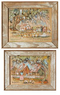 A. B. Crochet (Louisiana), "Sweet Chariot," and "The Quarters," 1999, pair of carved and polychromed wooden relief carved panels, signed and dated low