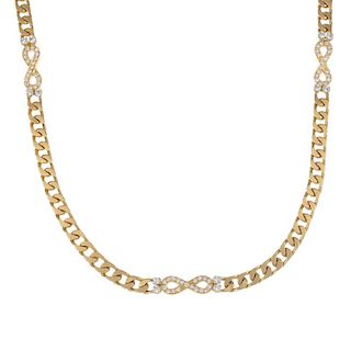 A diamond necklace. The textured, flat curb-link chain, with four brilliant-cut diamond crossover lo