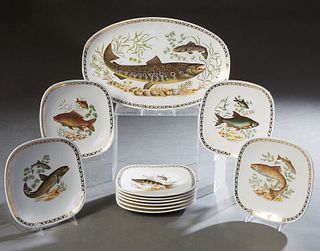 French Eleven Piece Ceramic Fish Set, 20th c., by Longchamp, consisting of ten rounded corner square plates, and a large matching oval platter, each w