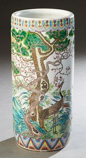 Chinese Famille Green Porcelain Umbrella Stand, 20th c., with crane and landscape decoration, the bottom with an impressed chop mark, H.- 18 3/4 in., 