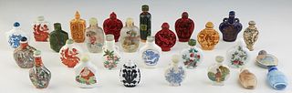 Group of Twenty Seven Snuff Bottles, 20th c., consisting of 3 cinnabar examples; 3 faux ivory examples; 1 cloisonne example; 2 interior painted exampl